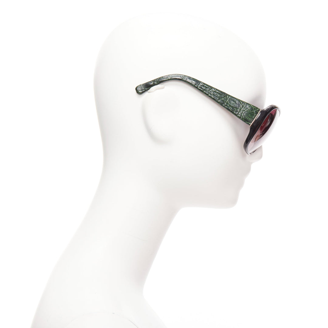 LINDA FARROW Luxe LFL18 green scaled leather arms black oversized sunglasses