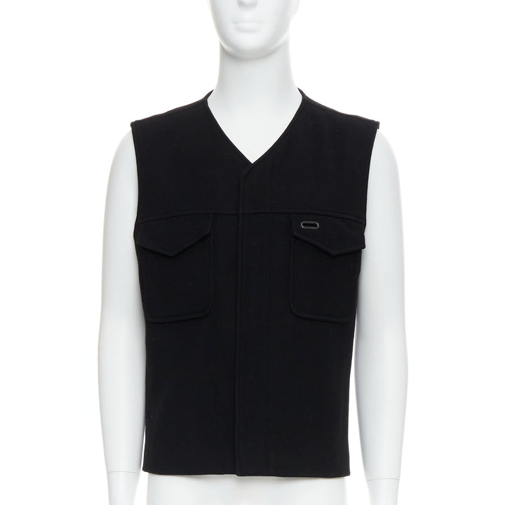 MAISON MARGIELA black wool blend oval grommet pocket vest IT46 S