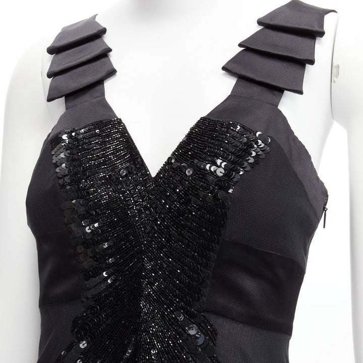 rare VERSACE 2008 black sequins bead embellishment ruffle strap dress IT38 XS