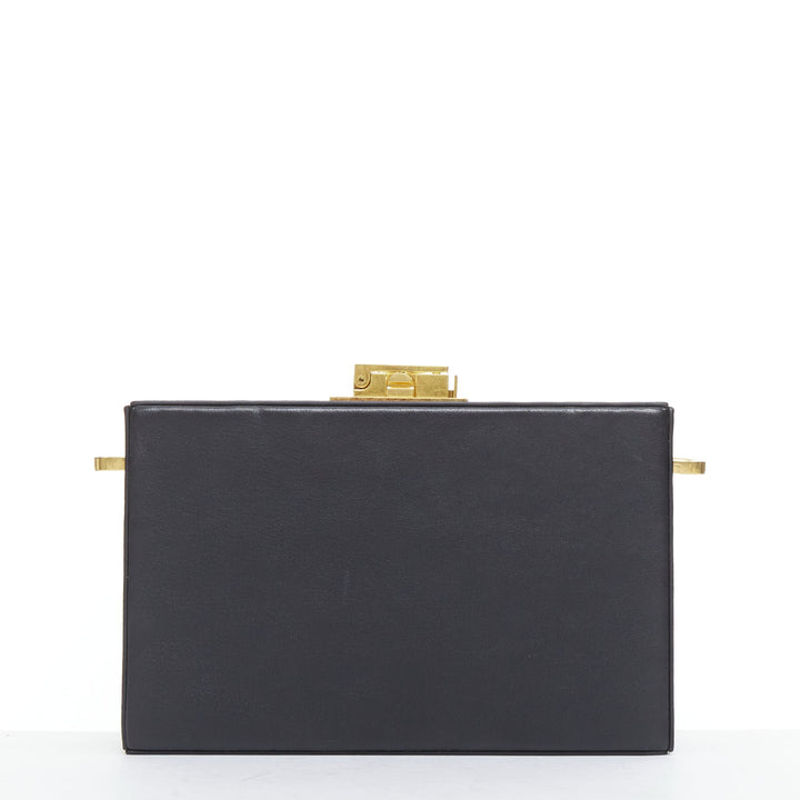 OSCAR DE LA RENTA Alibi Minaudiere black leather gold hardware box clutch