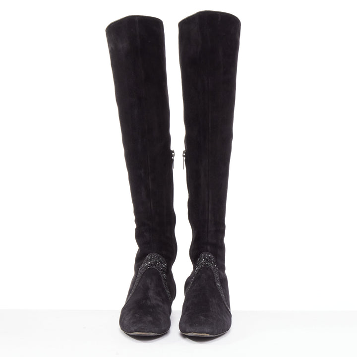 RENE CAOVILLA black suede crystal strass back slit knee flat boot EU35.5
