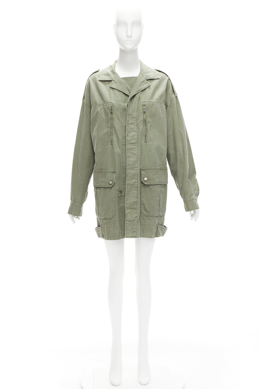 LIMI FEU washed green cotton zip back pocketed utility parka coat S