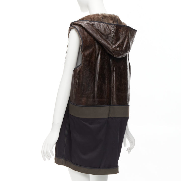 MARNI Mink Gilet Reversible brown colorblocked textured fur hooded vest IT40 S