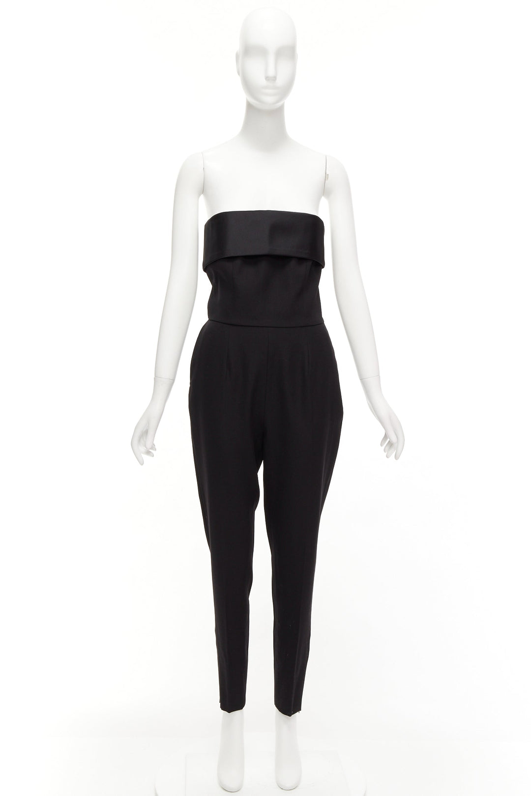 SAINT LAURENT 2014 black virgin wool silk strapless satin panel jumpsuit FR38 M
