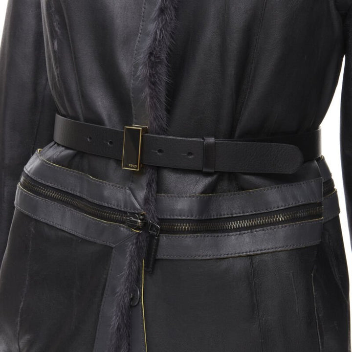 FENDI grey black fur leather 4-way reversible zip belted coat jacket IT38