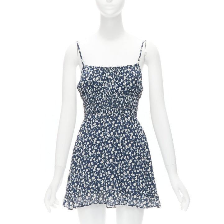 REFORMATION Elyse white navy floral print smocked bodice mini dress US2 S