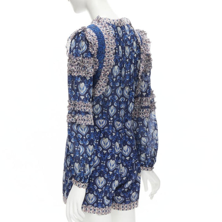 SEA NEW YORK blue floral print ruffle trim long sleeve romper playsuit US0 XS