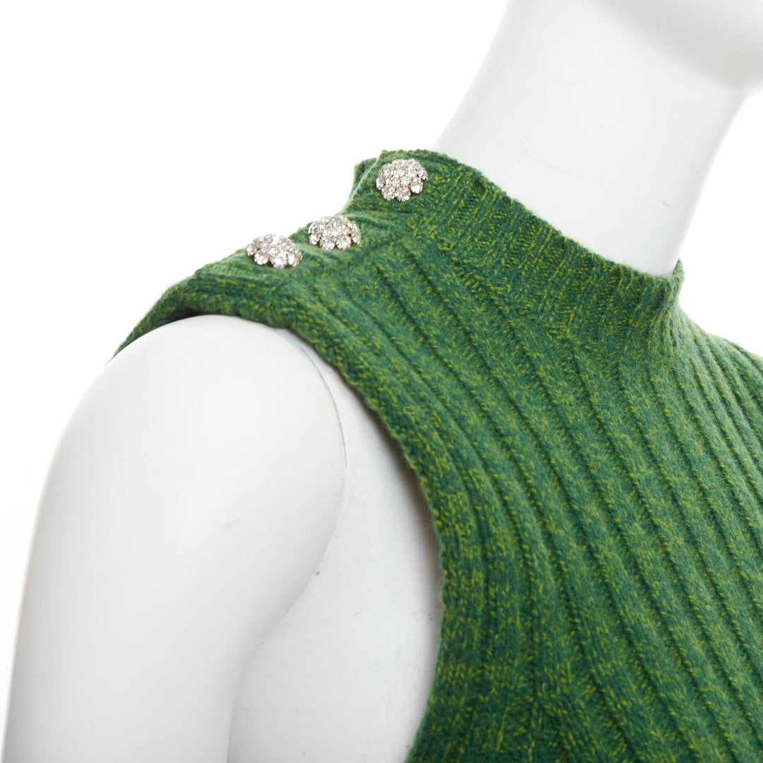 GANNI green recycled wool blend crystal button crew cropped vest XXS