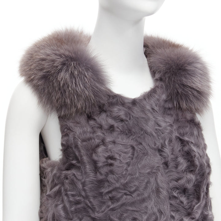 PELLICCISSIMA grey Astrakhan fur collar sleeveless winter vest jacket S