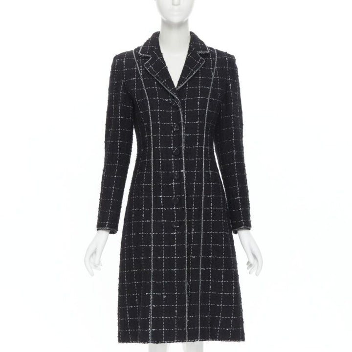 LUISA BECCARIA black silver check glitter tweed embellished long coat IT40 S