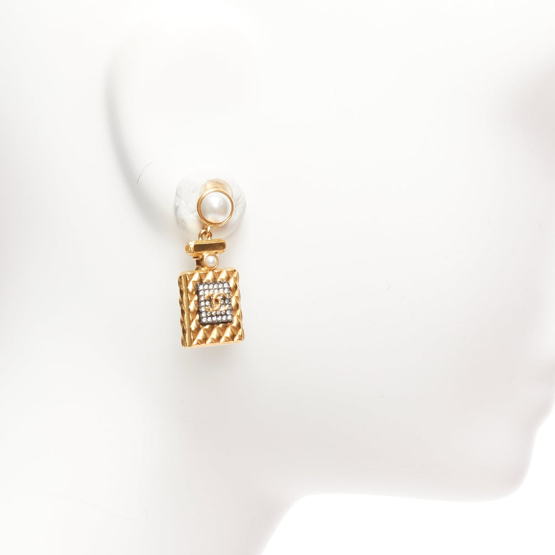 CHANEL A20A gold CC Perfume Bottlefaux pearl drop pendant earrings pair
