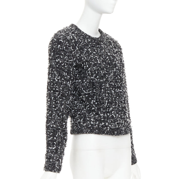 CHANEL 2019 speckle black white tweed collarless CC buttons jacket FR34 XS
