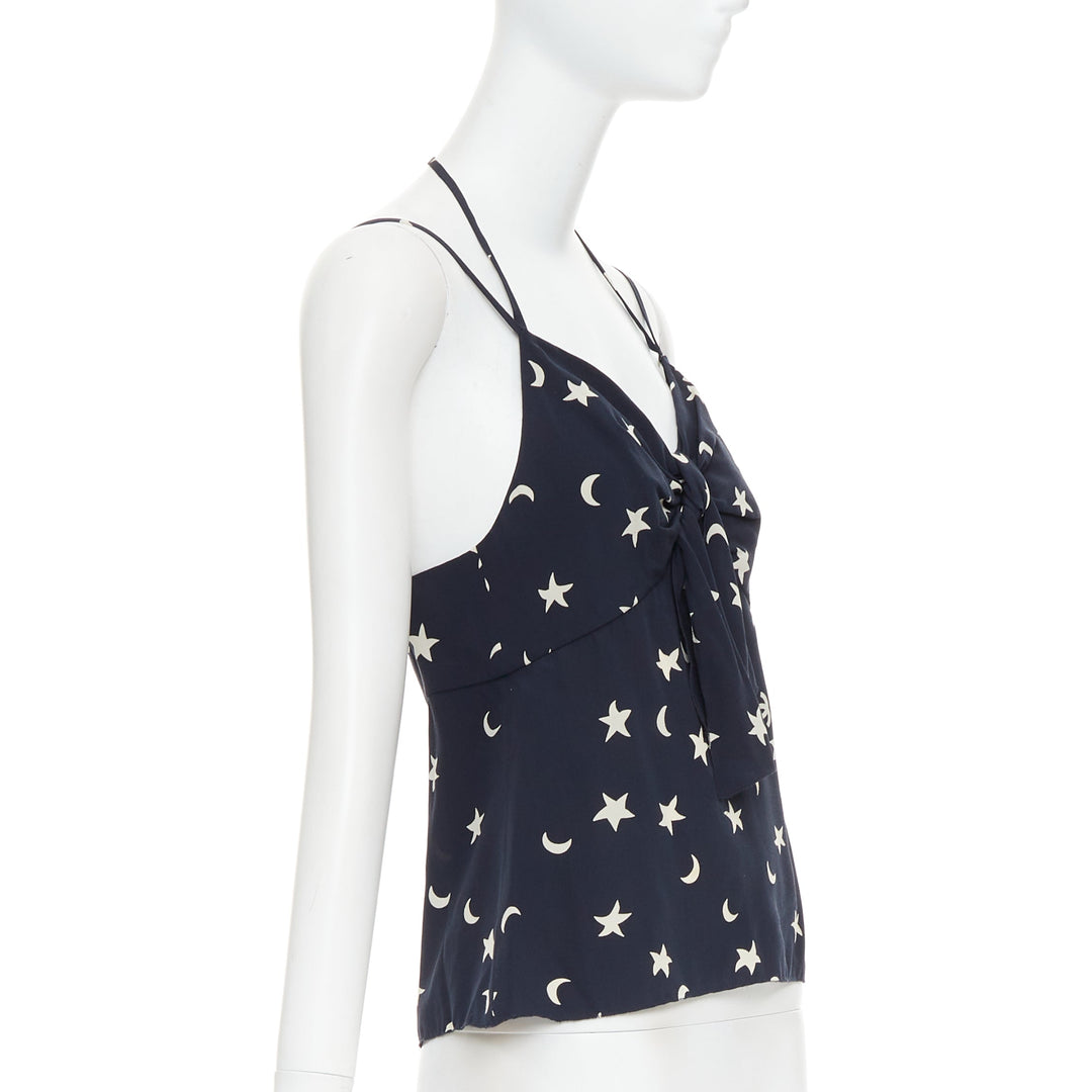 CHANEL 2008 navy off white 100% silk CC logo moon star bow camisole FR36 S