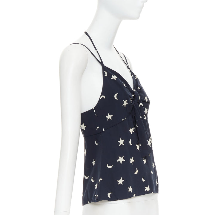 CHANEL 2008 navy off white 100% silk CC logo moon star bow camisole FR36 S