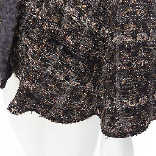 DOLCE GABBANA brown black wool tweed shearling fur trimmed cape poncho jacket XS