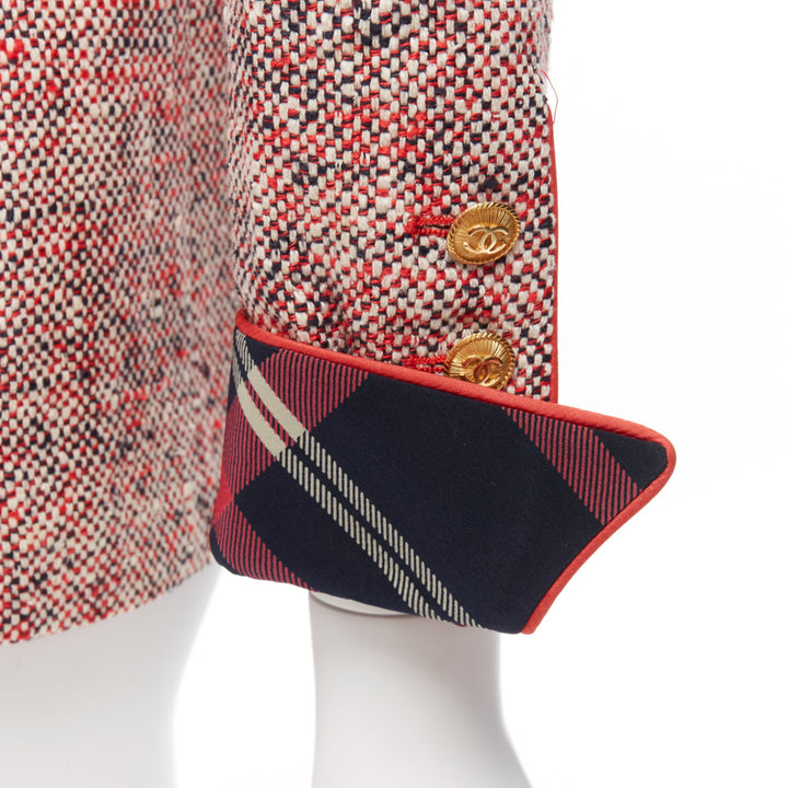 CHANEL Vintage red boucle tweed gold button double breast blazer jacket FR34 XS