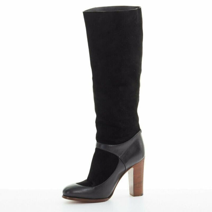 CELINE PHILO black suede sock ankle strap chunky wooden heel tall boot EU35.5