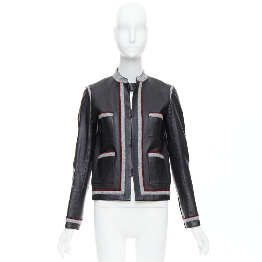 CHANEL 10A Paris Shanghai Runway black leather grey trim 4 pocket jacket FR36 S