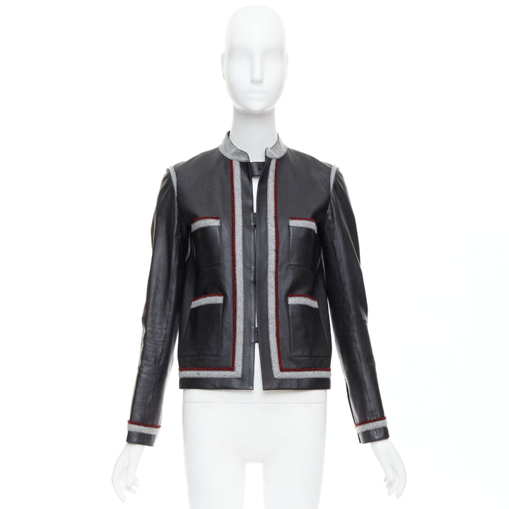 CHANEL 10A Paris Shanghai Runway black leather grey trim 4 pocket jacket FR36 S