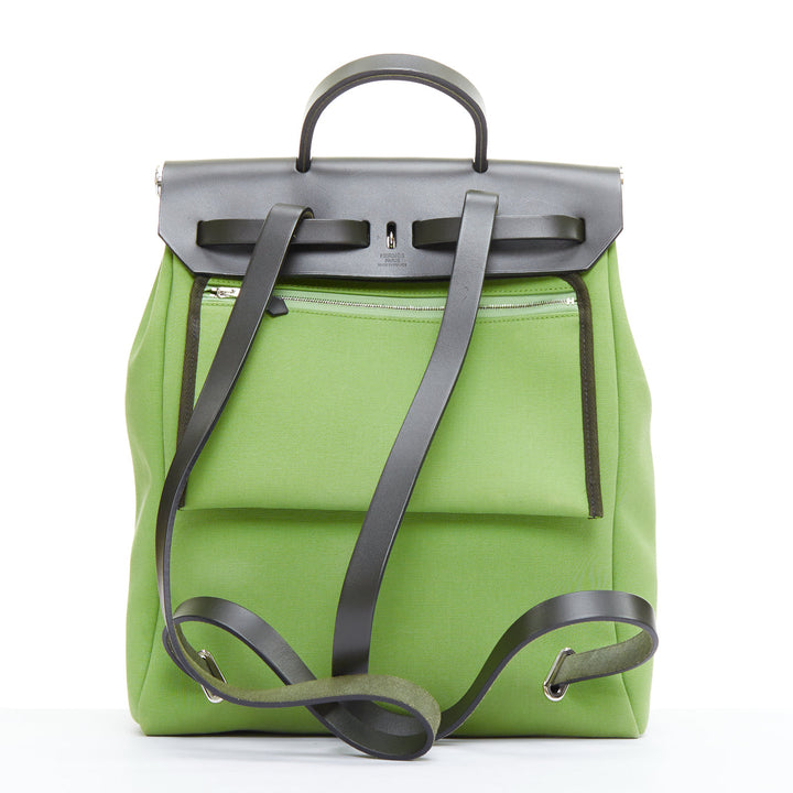 rare HERMES Herbag A Dos Vert Criquet green black canvas palladium backpack