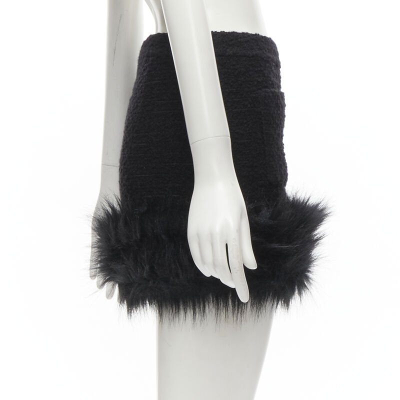 SAINT LAURENT 2022 black tweed faux fur trimmed mini skirt FR34 XS