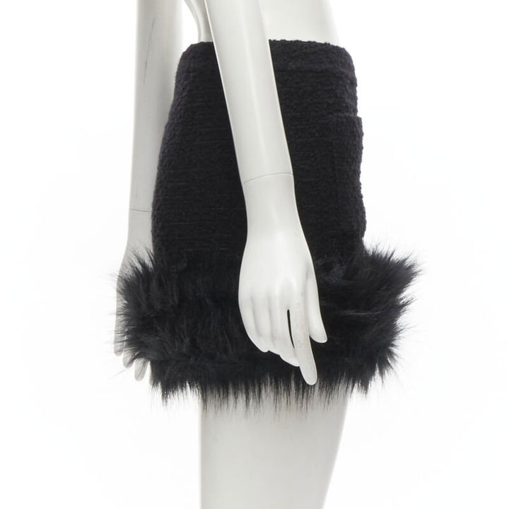 SAINT LAURENT 2022 black tweed faux fur trimmed mini skirt FR34 XS