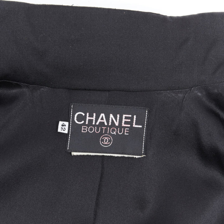 CHANEL black silk satin crepe 4 pockets gold high collar mandarin jacket FR42