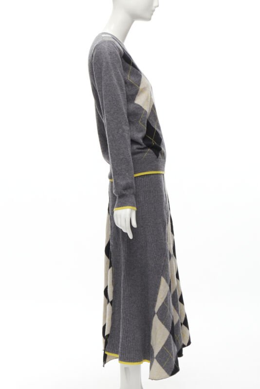 PRINGLE OF SCOTLAND wool grey argyle yellow sweater asymmetric midi skirt XS