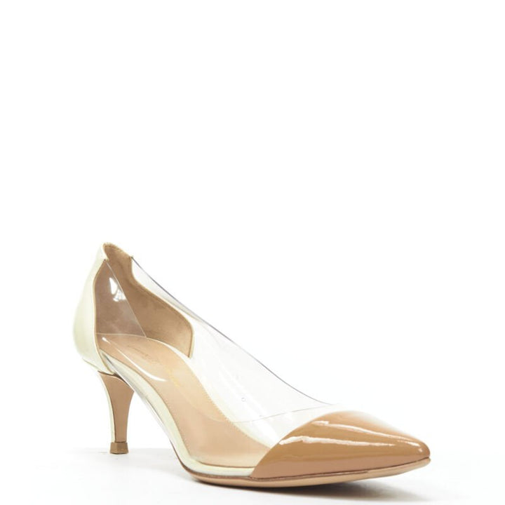 GIANVITO ROSSI Plexi Vernice Powder cream patent PVC nude toe cap heel EU37.5