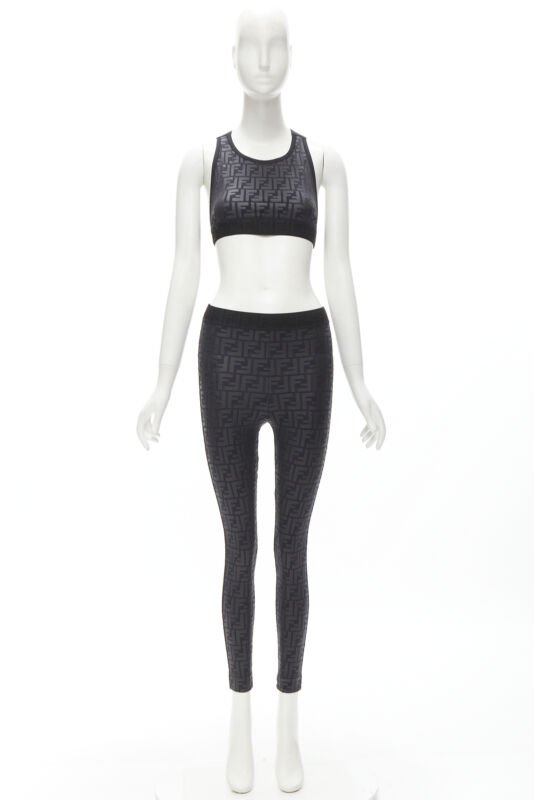 FENDI Forever FF Zucca monogram black bra top legging pant set XS