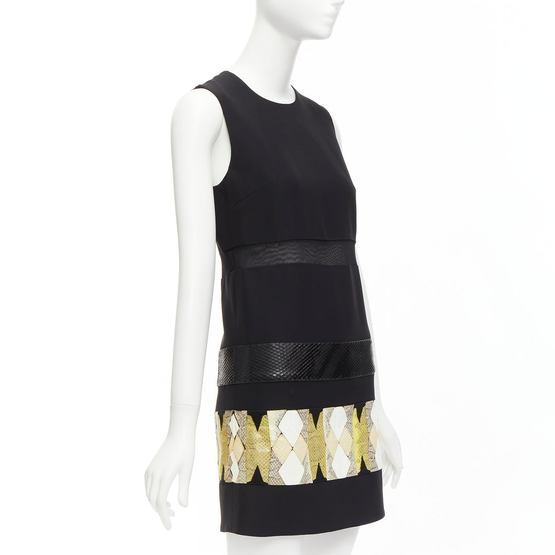 VERSACE 2014 black scaled leather patchwork sheer panel mod mini shift dress