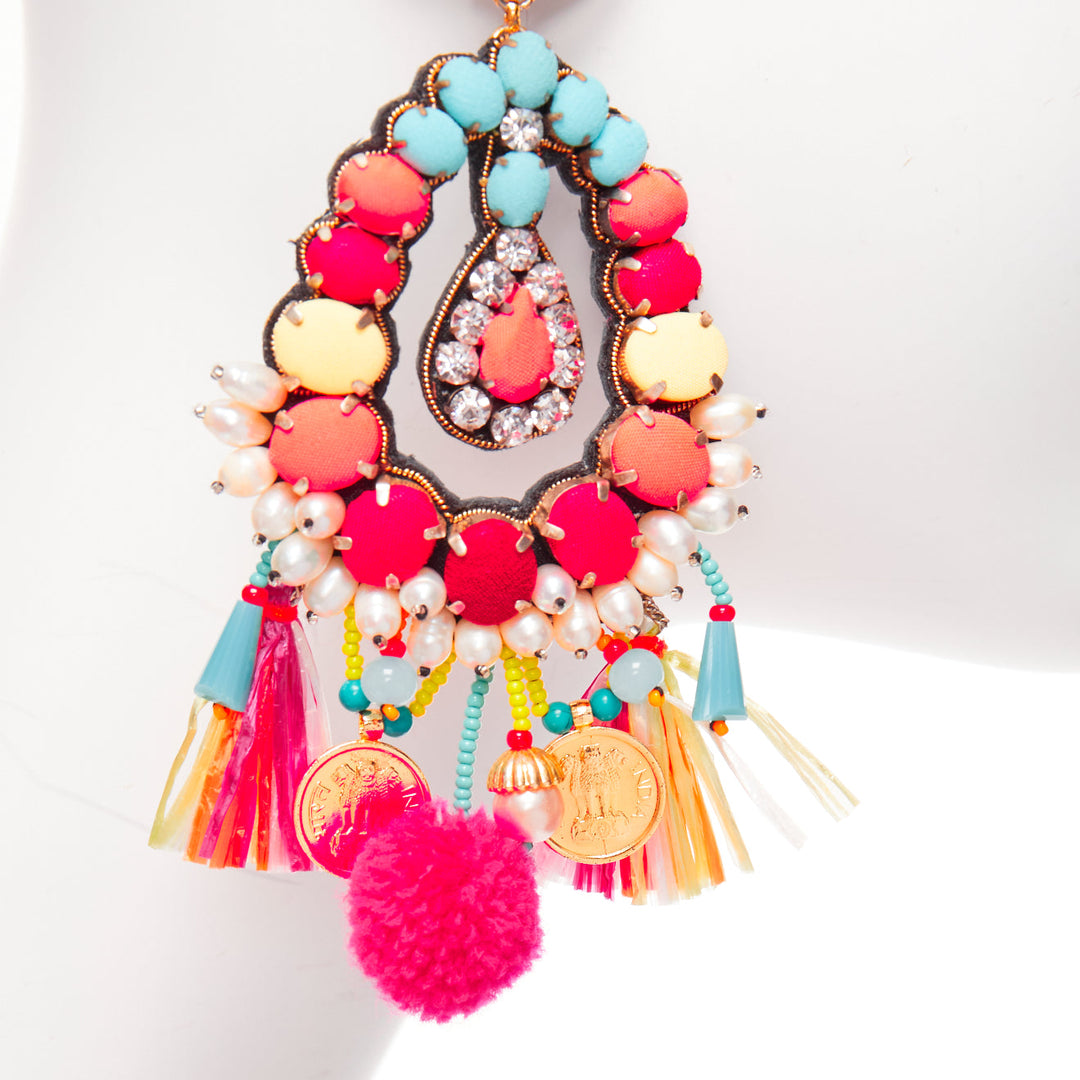 RANJANA KHAN neon orange crystal beads multi dangling clip on earrings