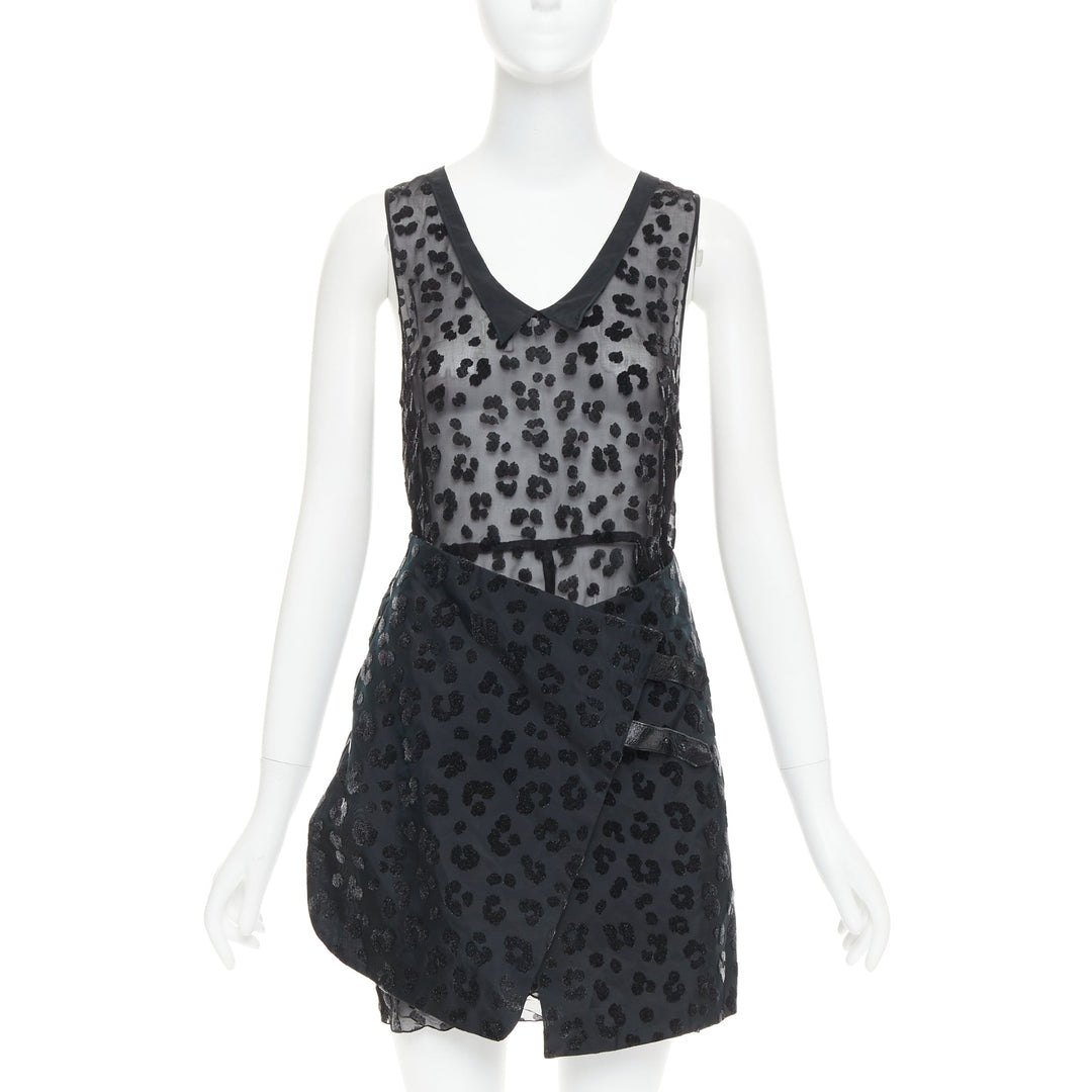 TOGA ARCHIVES black viscose silk sheer leopard flocking cow belted dress JP1 S
