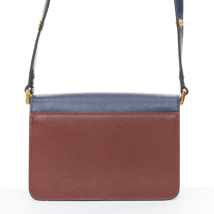 MARNI Trunk navy burgundy textured leather clasp crossbody bag