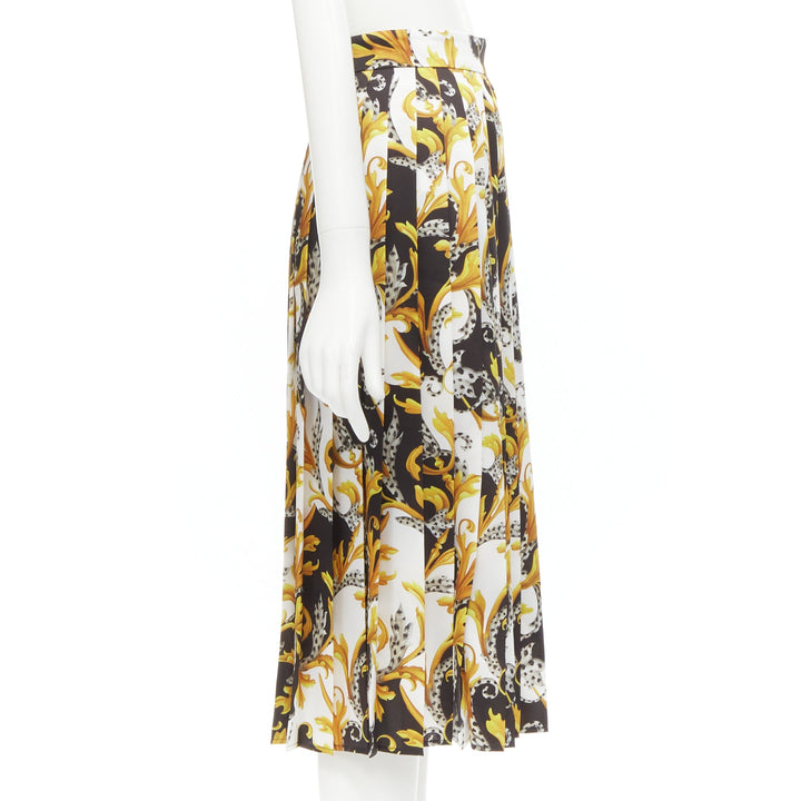VERSACE Barocco Acanthus black gold print pleated high slit skirt IT36 XS