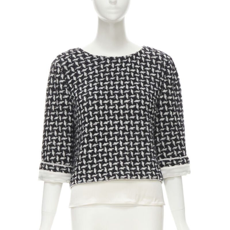 ST JOHN COUTURE metallic black white lattice crystal buttons layered top US6 M