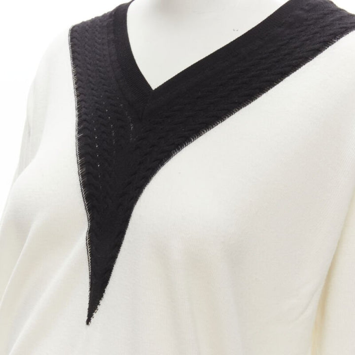 CHANEL 100% wool ivory white black intarsia chain schoolgirl sweater FR38 M