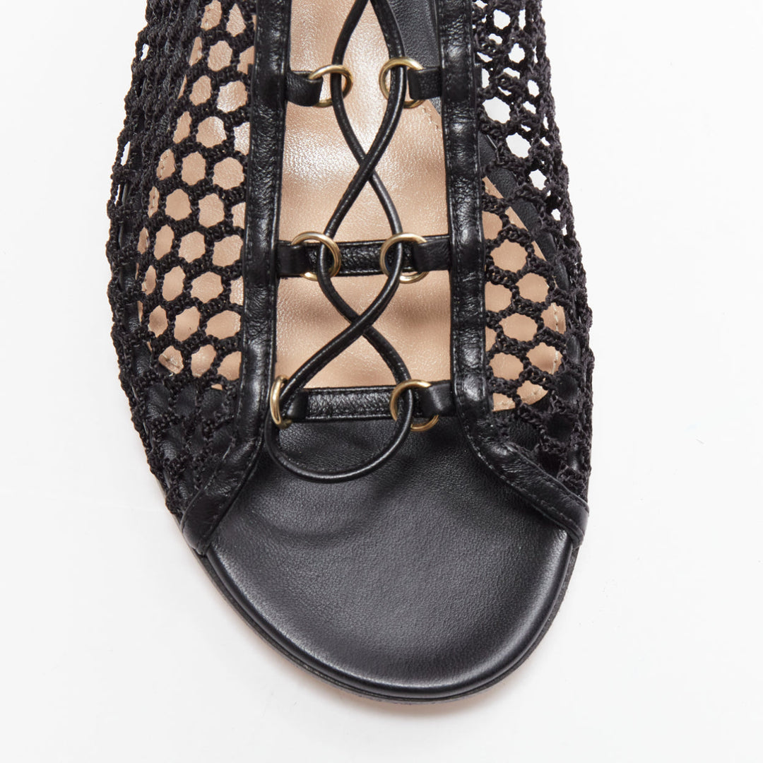 GIANVITO ROSSI Helena black crochet mesh gold rings lace up  sandals EU38
