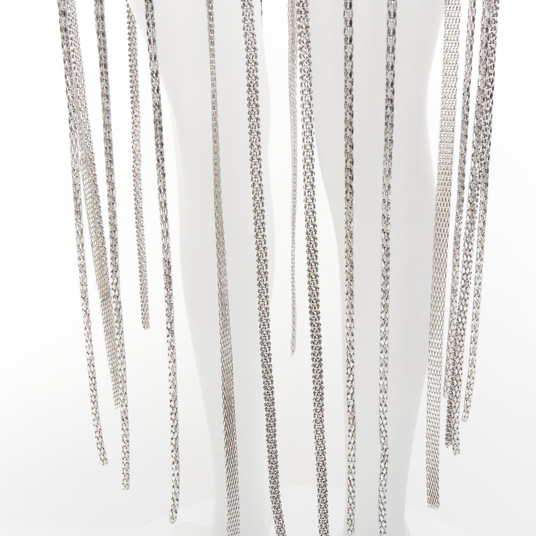 CHRISTOPHER KANE silver multi chain stud front black leather fringe belt S