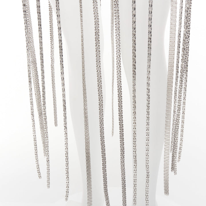 CHRISTOPHER KANE silver multi chain stud front black leather fringe belt S