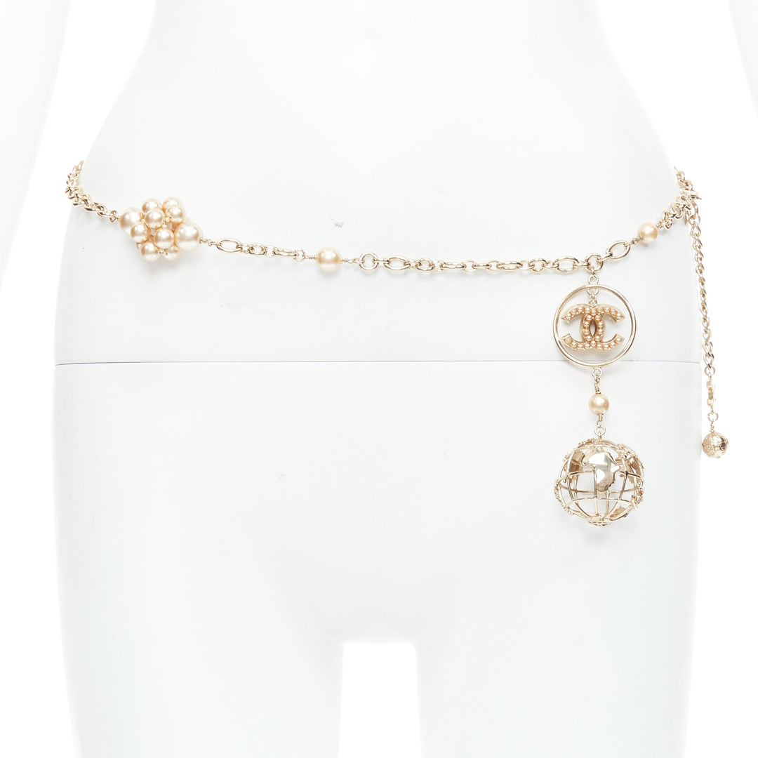 CHANEL 04A gold tone CC logo pearl globe charm chain belt necklace