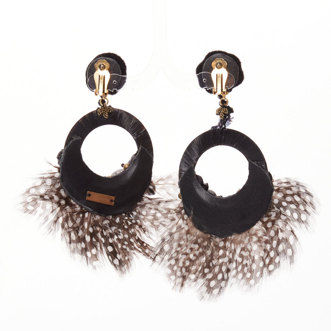 RANJANA KHAN black brown dotted feather beads bow dangling clip on earrings