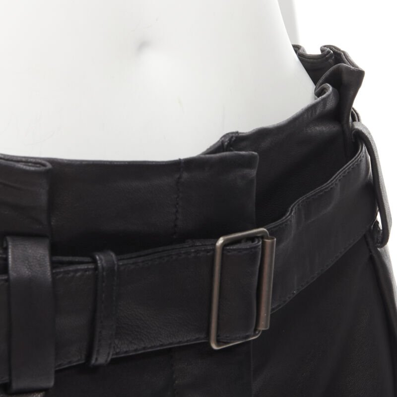 THEORY black leather belted paperbag waist wide cuffed shorts US0 XS