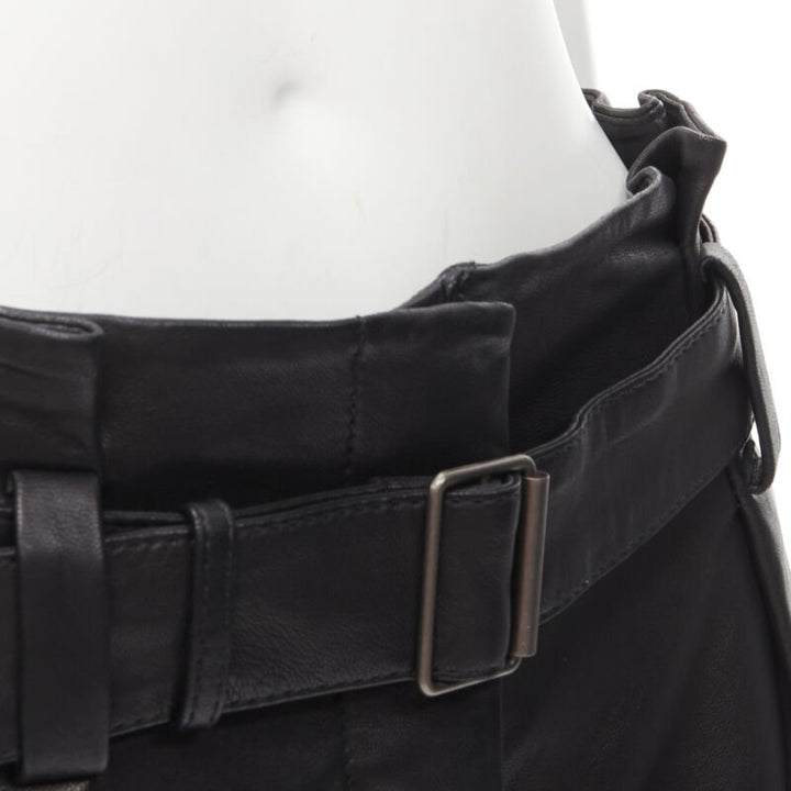 THEORY black leather belted paperbag waist wide cuffed shorts US0 XS
