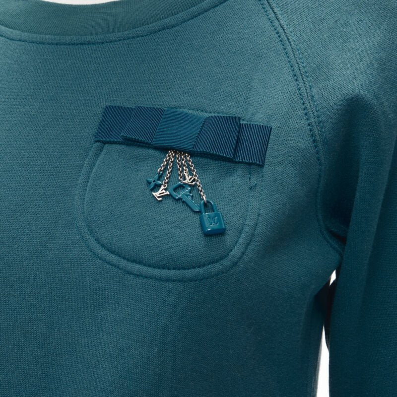 LOUIS VUITTON teal blue bow lock charm patch pocket cotton fleece sweater S