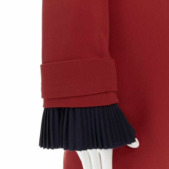 VVB VICTORIA BECKHAM red crepe navy pleated cuff long sleeves dress UK10 M