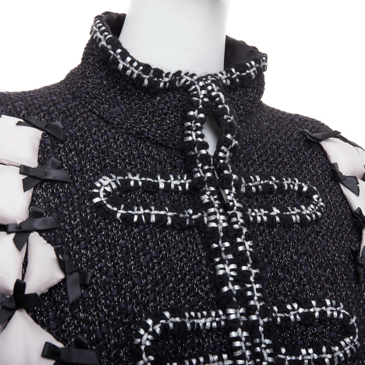 rare CHANEL 15A Runway black tweed white quilted tromp loeil ribbon  jacket FR50