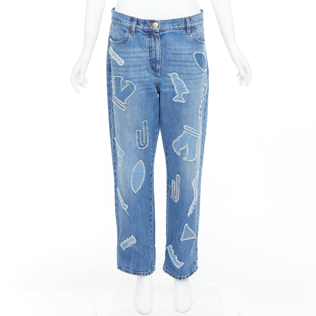 CHANEL 19A blue cotton hieroglyphics patch straight leg jeans FR40 L