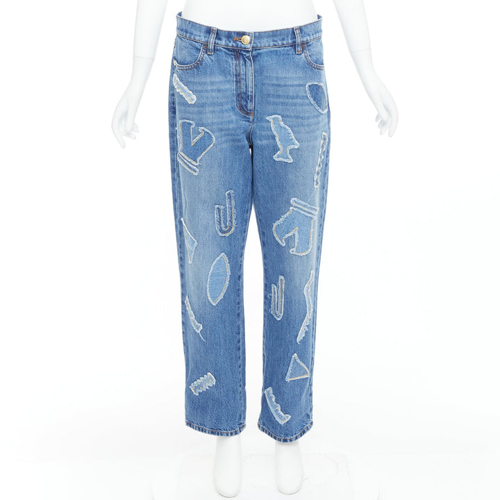 CHANEL 19A blue cotton hieroglyphics patch straight leg jeans FR40 L