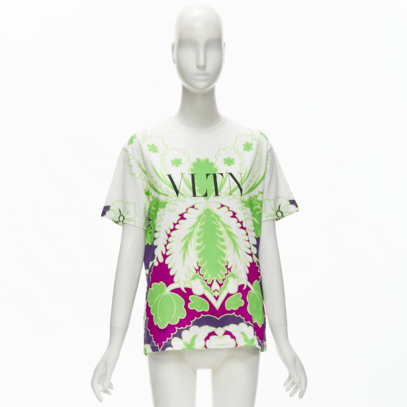 VALENTINO VLTN white neon green purple floral print cotton tshirt XS